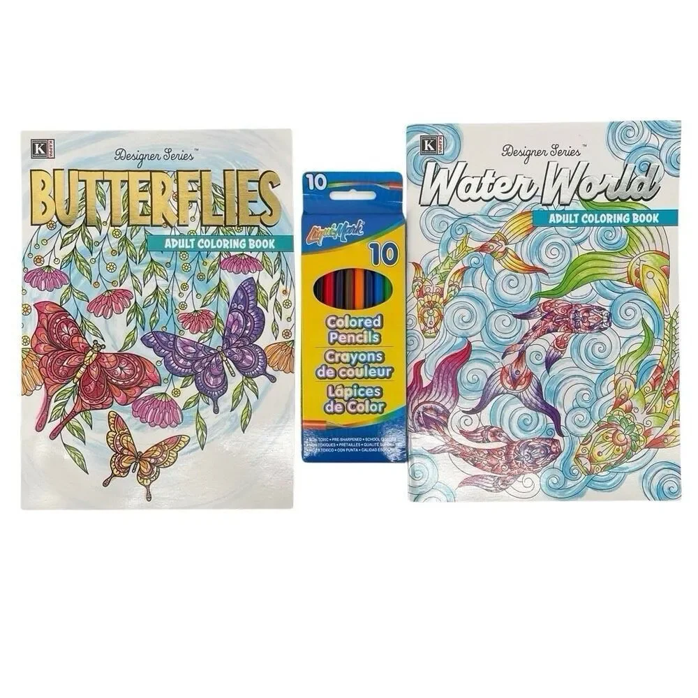 Designer Series Adult Coloring Books Colored Pencil Set Butterflies Water World